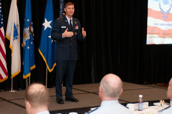 At the chapter’s March symposium, Maj. Gen. Craig Olsen, USAF, program executive officer, Command, Control, Communication, Intelligence and Networks, Hanscom Air Force Base, presents his new business opportunities.